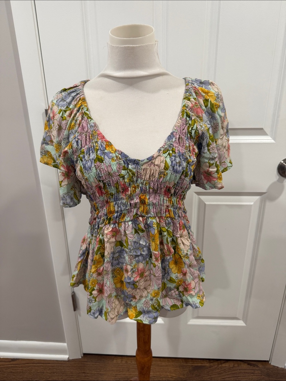 Angie Floral Smocked V-Neck Top - Blue, Yellow, Pink, Green